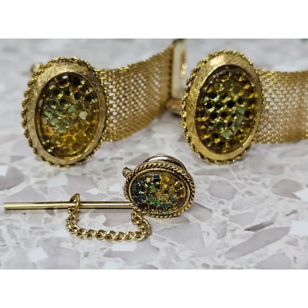 Classy Mid Century Vintage Cuff Link & Tie Pin Textured Honeycombs